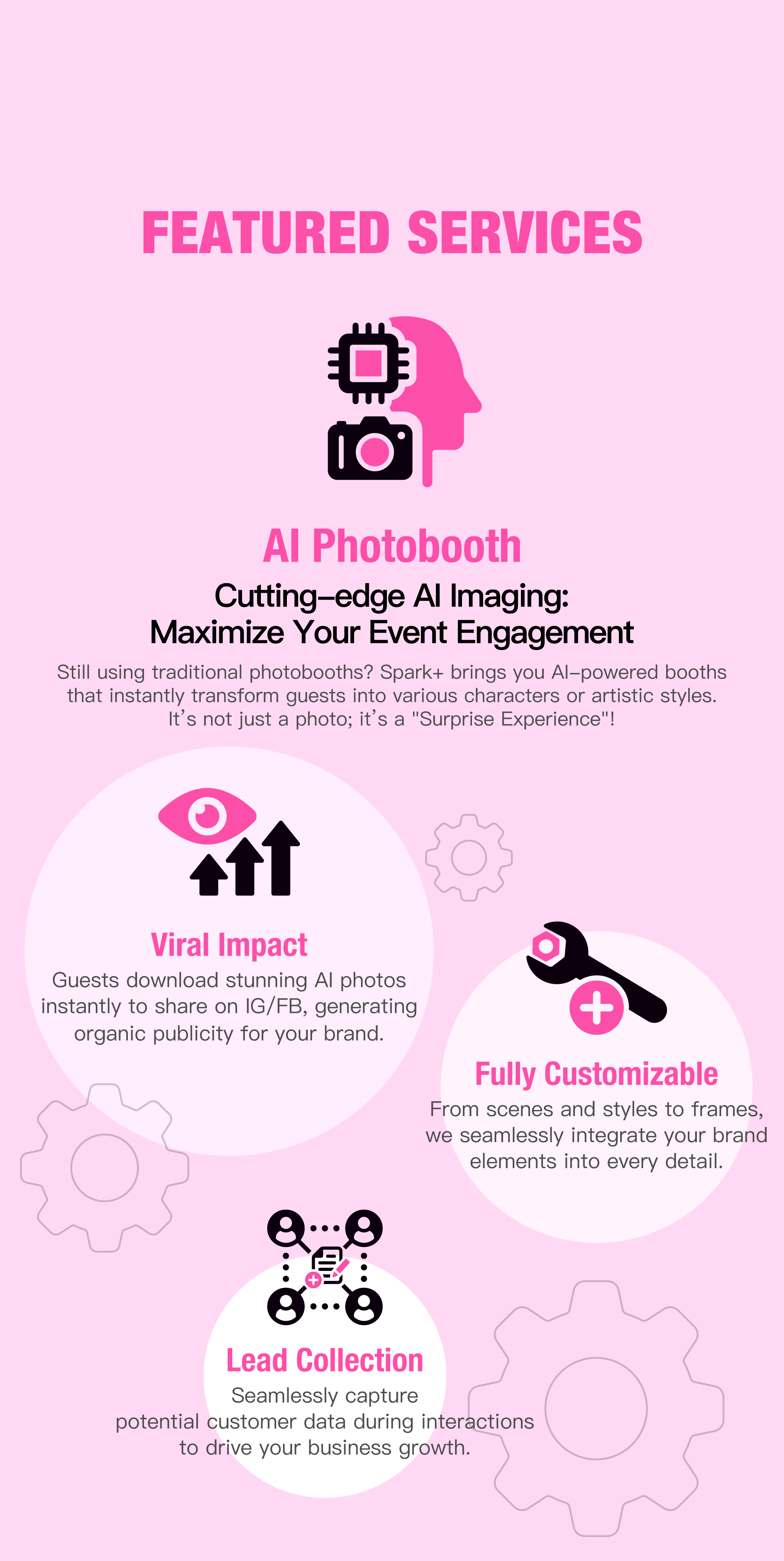 Featured services: AI Photobooth. Cutting-edge AI Imaging: Maximize Your Event Engagement. Still using traditional photobooths? Spark+ brings you AI-powered booths that instantly transform guests into various characters or artistic styles. It's not just a photo; it's a "Surprise Experience"! Viral Impact: Guests download stunning AI photos instantly to share on IG/FB, generating organic publicity for your brand. Fully Customizable: From scenes and styles to frames, we seamlessly integrate your brand elements into every detail Lead Collection: Seamlessly capture potential customer data during interactions to drive your business growth.